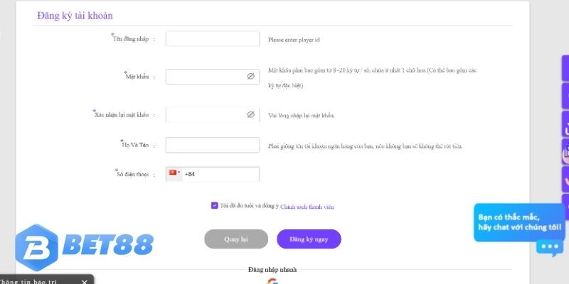 Quy trình đăng ký tài khoản chơi cược Bet88 đơn giản